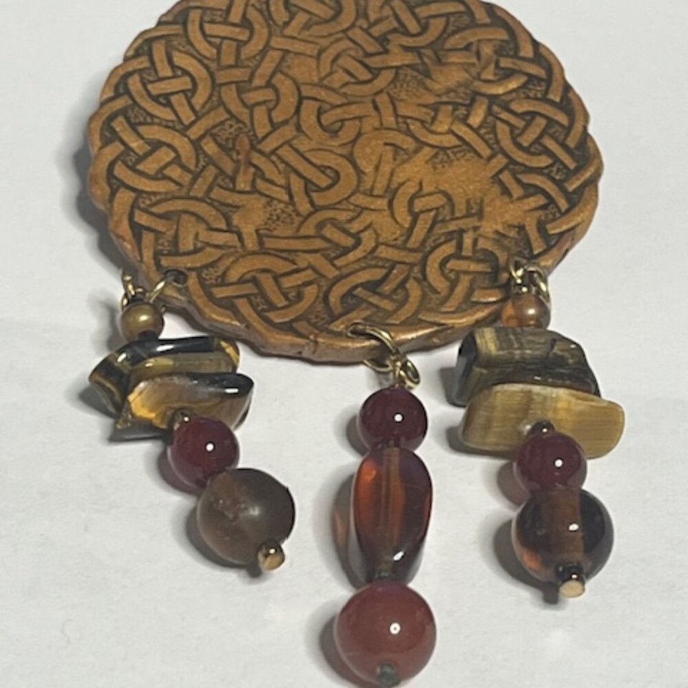 Geometric Embossed Circular Leather Beaded Stones Dangle Hat Vest Pin Brooch 3"